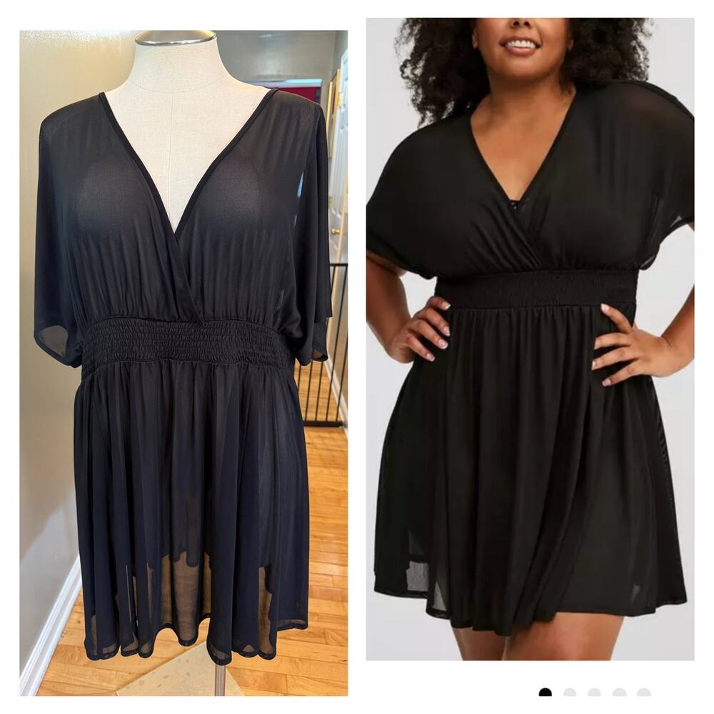 Torrid 3 (3X 22/24) Black Mesh Smocked Waist Swimsuit Swim Cover‎ Up Dress New